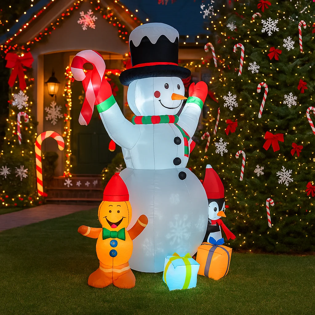 1.8M/6FT Christmas Decorations Inflatable Toy Snowman Penguin Home Yard Xmas Ornaments LED Decor Christmas Candy Cane Party Toy
