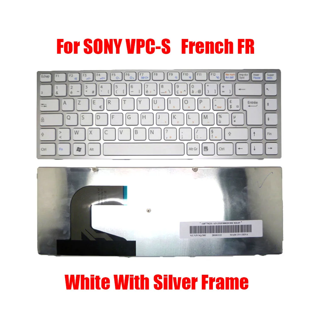 

French FR Laptop Keyboard For SONY VPC-S VPCS VPCS1 9Z.N3VSQ.50F 148778231 AEGD3F00020 White With Silver Frame New