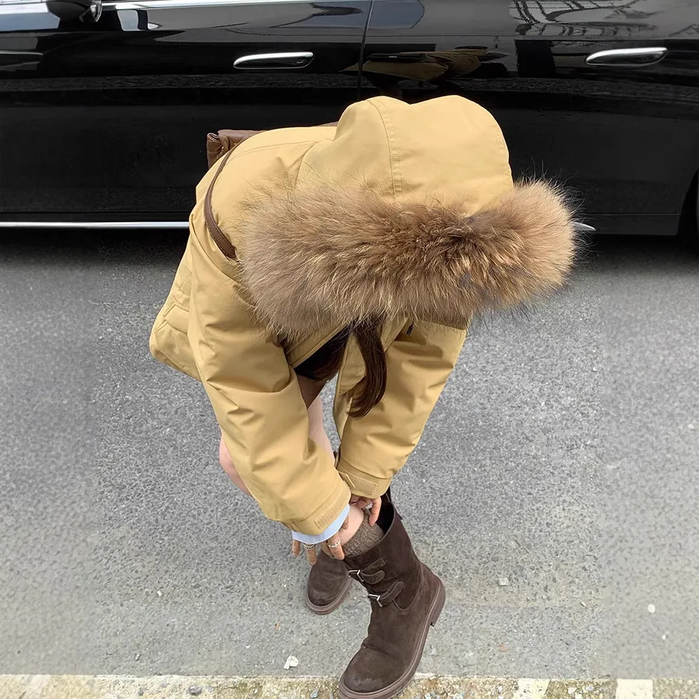 سترة نسائية شتوية من القطن بتصميم كبير بياقة من الفرو ملابس عمل سترة بيضاء مبطنة أسفل معطف سميك ملابس خارجية مقاومة للرياح