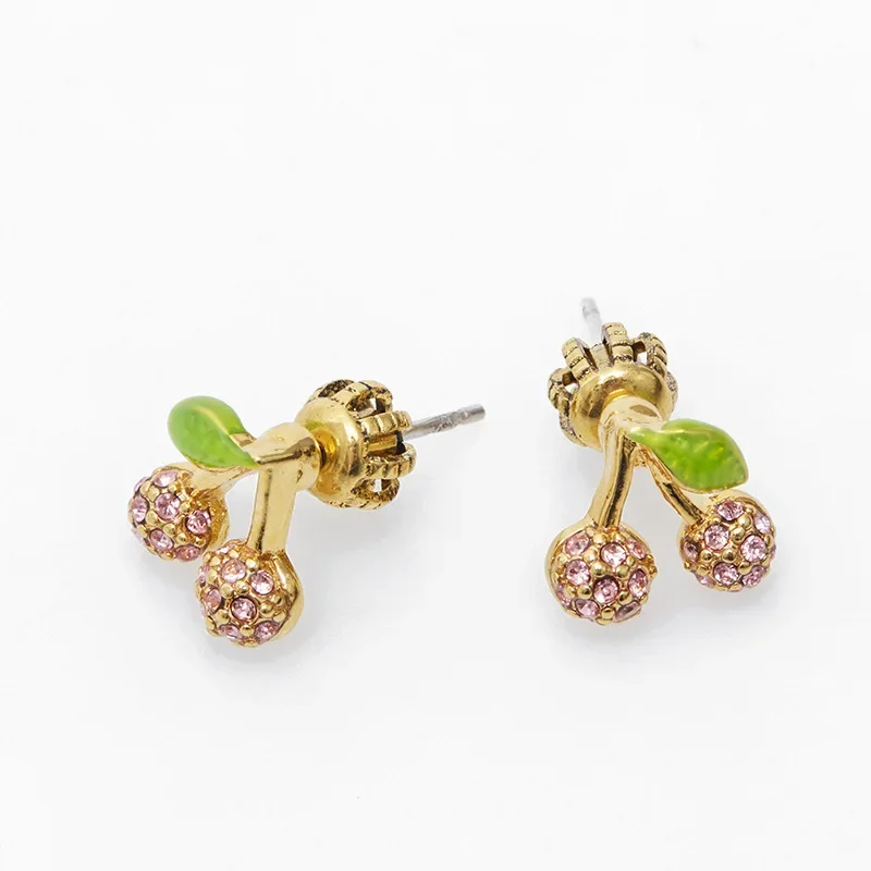 Internet celebrity temperament small and simple diamond cherry green leaf stud earrings fresh and versatile fashion women's fash