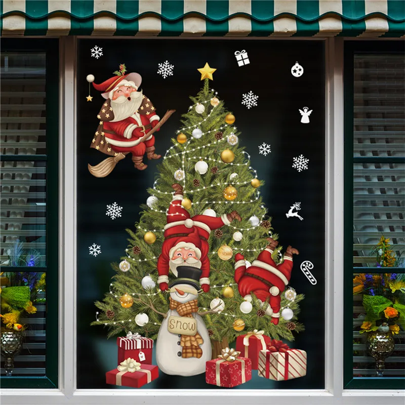 New Christmas Decoration Window Stickers Santa Gifts Merry Christmas Mirror Sticker Xmas Tree Window Glass Sticker New Year 2023