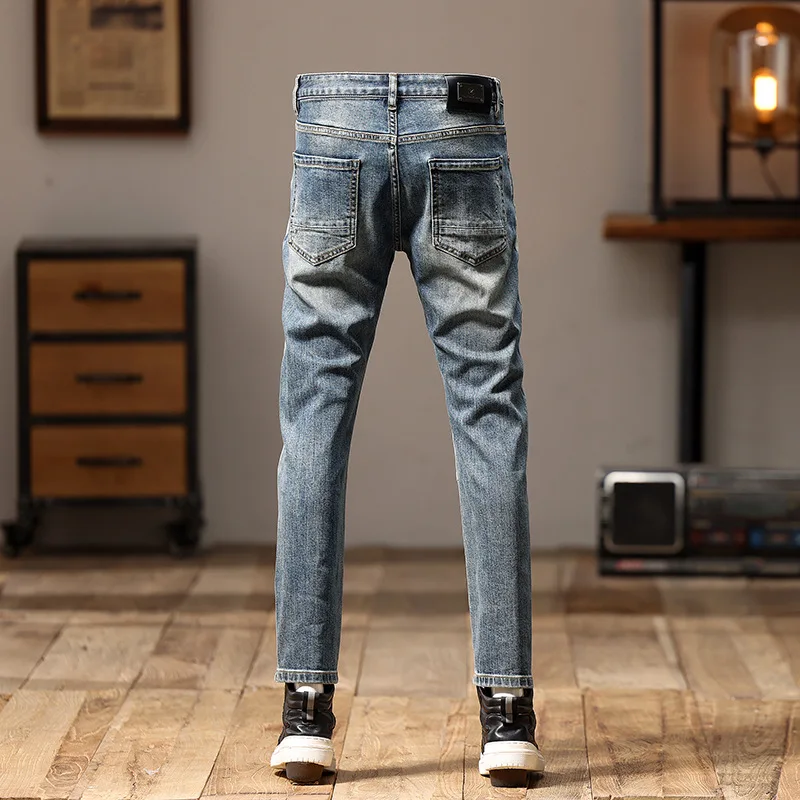 2024Cool Smart Jeans Men\'s Motorcycle Trendy Patchwork Fashion High-End Retro Stretch Slim Fit Skinny Pants