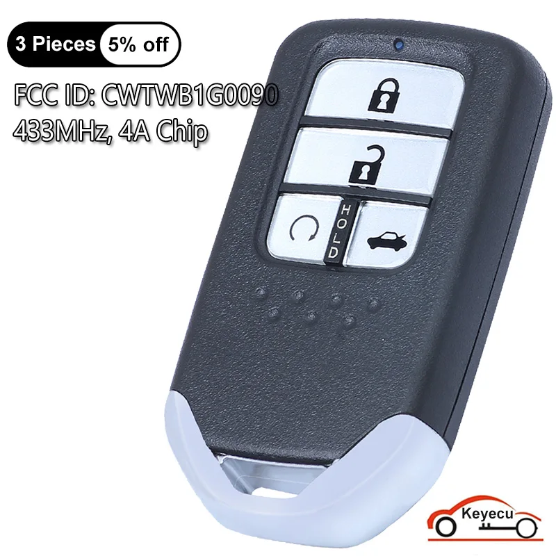 

KEYECU 4 Buttons 433MHz 4A Chip for Honda Accord 2018 2019 2020 Auto Smart Remote Control Key Fob FCC ID: CWTWB1G0090