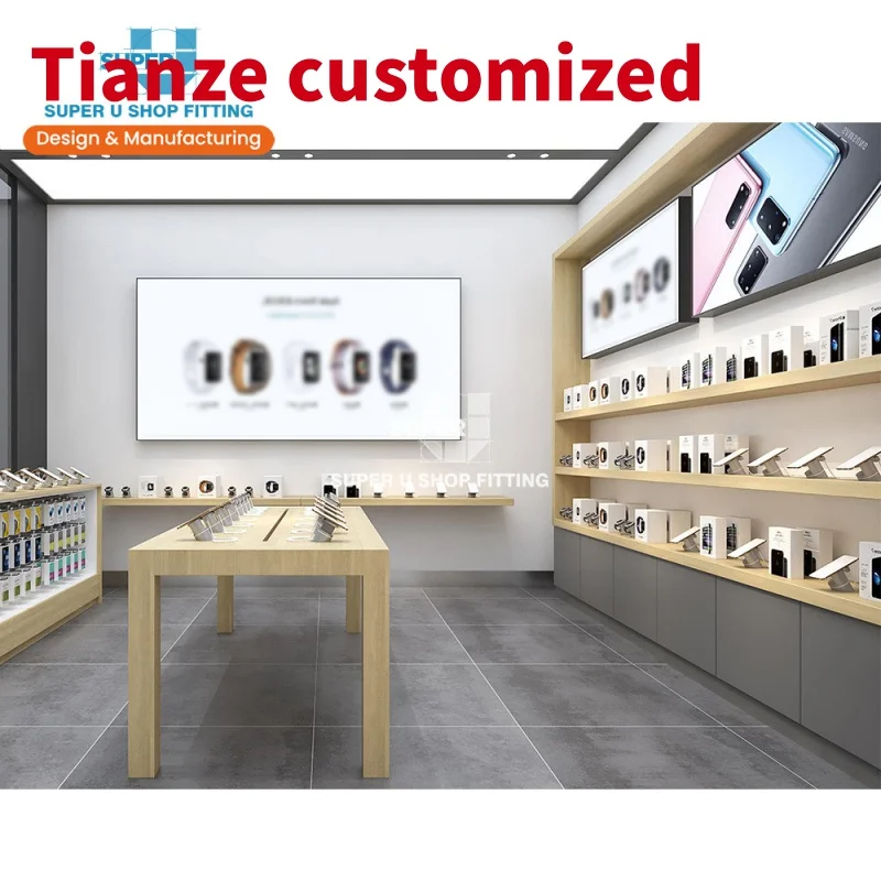 (Op Maat) Trendy Houtstijl Elektronica Winkel Interieur Ontwerp Mobiele Telefoon Winkel Ontwerp Aangepaste Telefoon Display Rack Cel