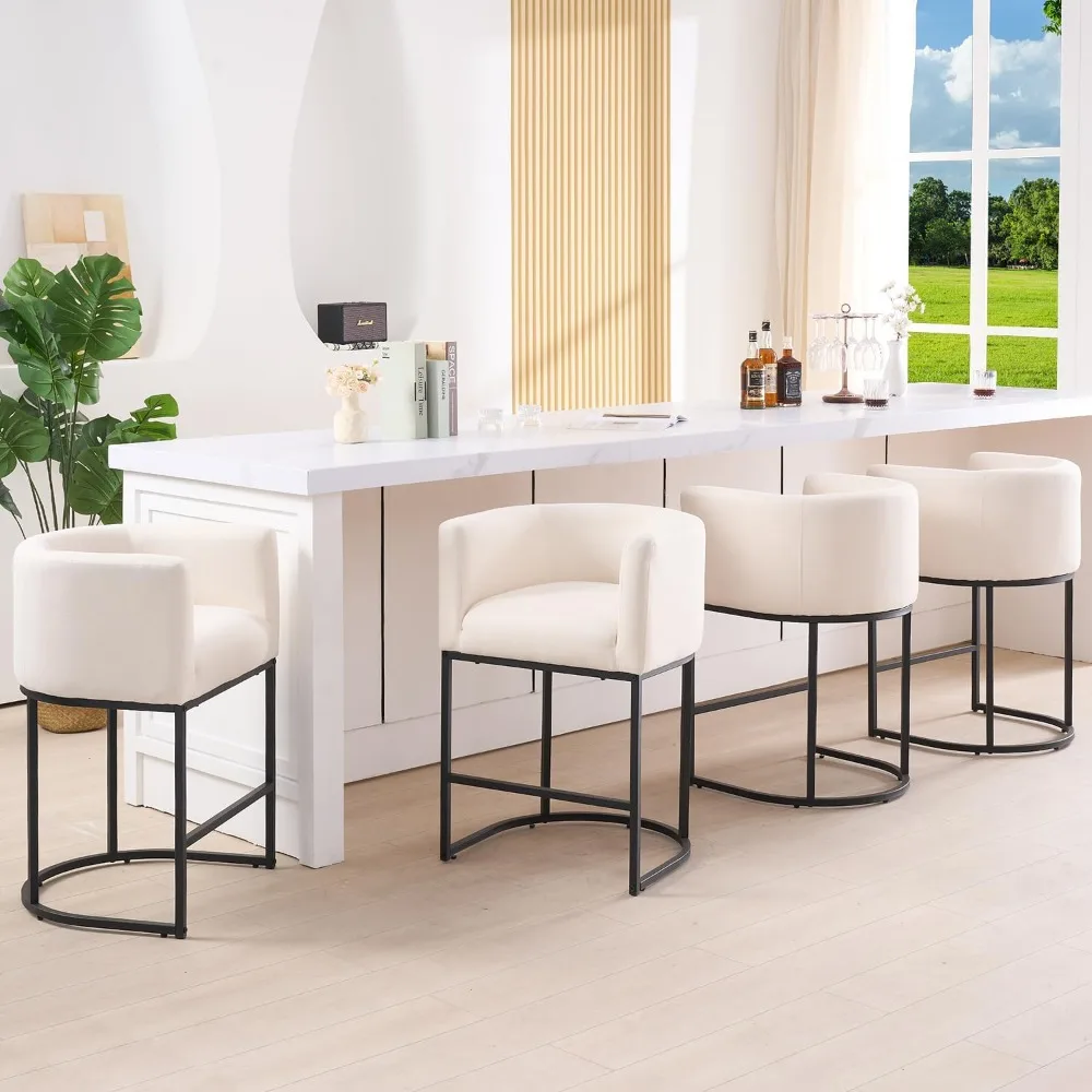 26"H Counter Height Bar Stools Set of 4, Modern Barrel Counter Stools with Backrest and Arms, Black Metal Frames.