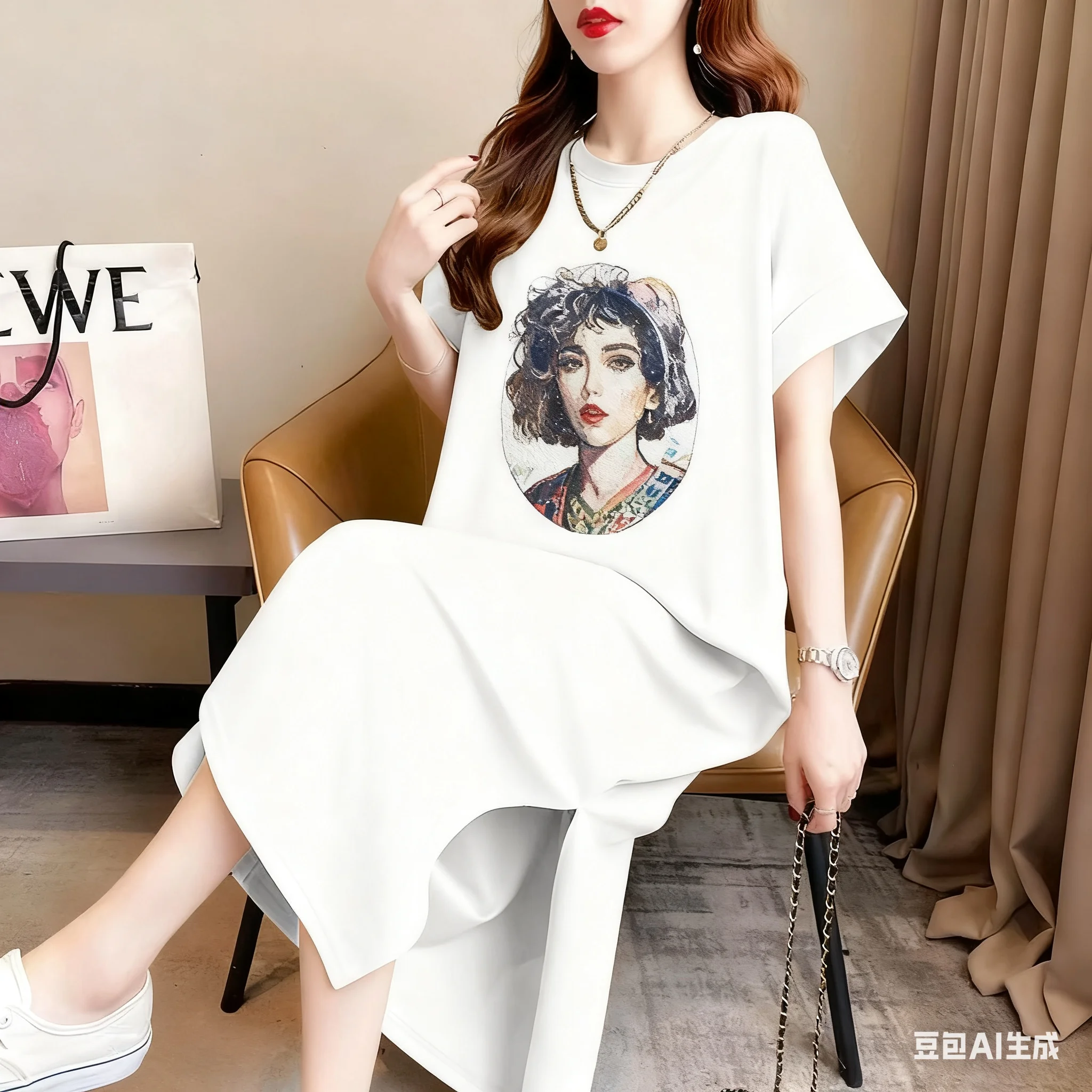 أزياء الصيف للسيدات كسول تصميم طباعة مجردة فستان متوسط طويل فضفاض في الهواء الطلق طباعة تنورة وتنورة حذاء الكاحل #4