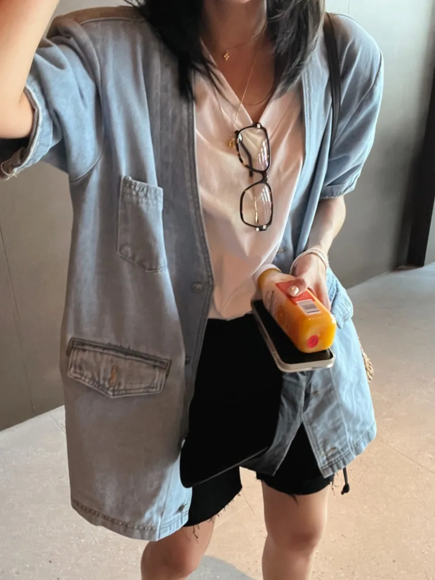 

Summer New Faionable Loose V-Ne Denim Jaet Women's Vest Outerwear Dongda Gate Sle Casual ket Detail