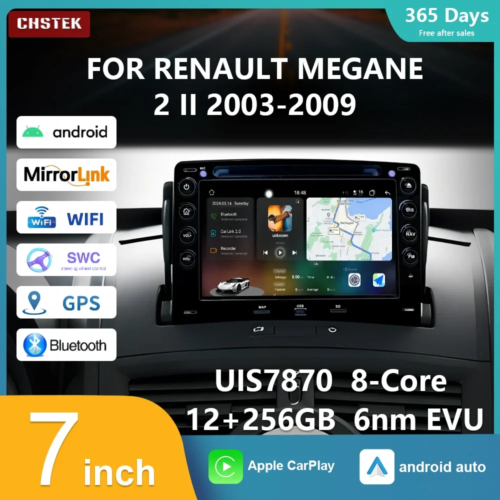 CHSTEK راديو السيارة 12 + 256G مشغل وسائط متعددة CarPlay الملاحة ستيريو لرينو ميجان 2 II 2003-2009 أندرويد 13 بلوتوث لتحديد المواقع