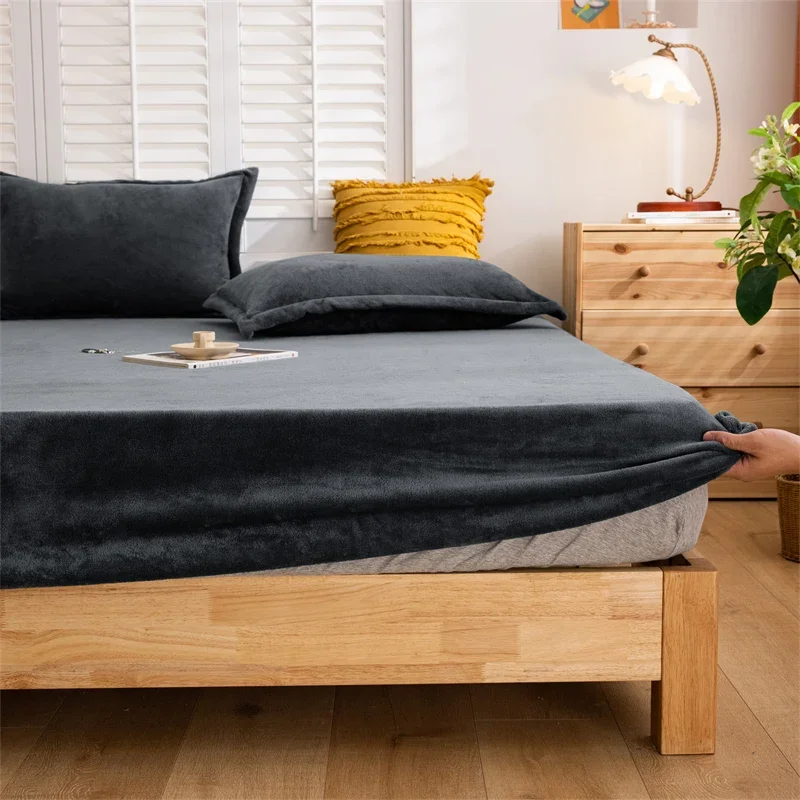 

120/150/180*200CM Thick Dark Gray Bedspread Antislip Coverlet Coral Velvet Fitted Sheet for Winter for 5-22CM Mattress M031-2