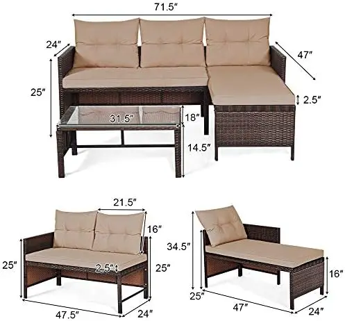 Conjunto de móveis de pátio de vime PE de 3 peças, sofá secional externo marrom com mesa de centro