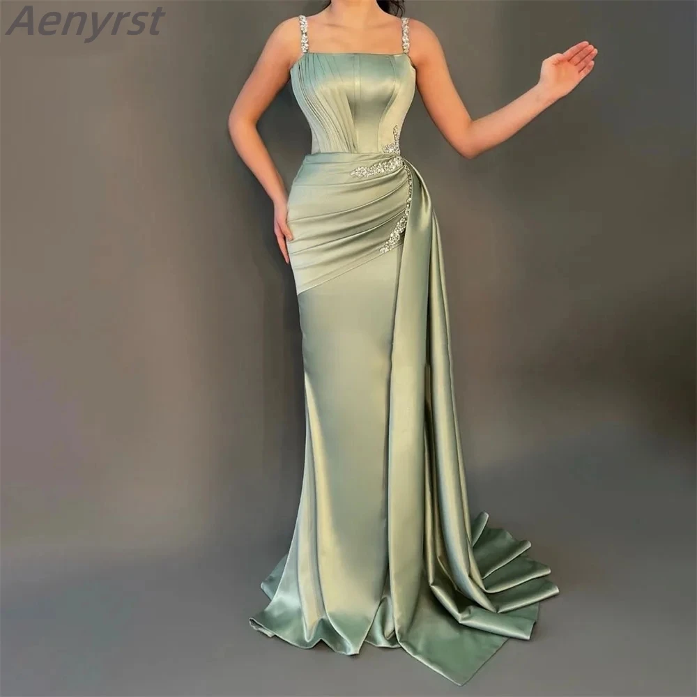 

Luxury Mint Green Mermaid Evening Gowns Spaghetti Straps Crystals Prom Dress Satin Draped Celebrity Dresses Woman Party Gown