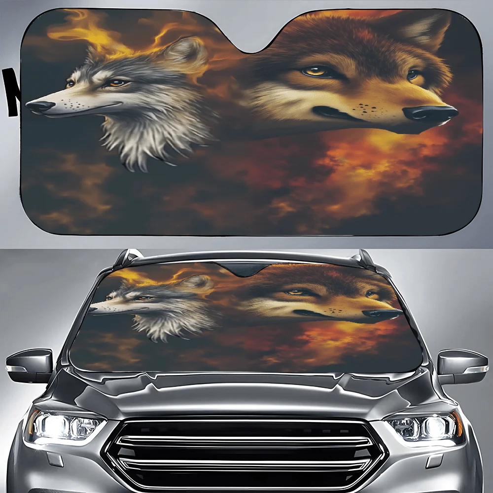 Couple Of Wolves That Are Standing Next To Each Other Car Auto Sunshades Car Sunshade, Front Window Sun Cover For Car, Auto Suns