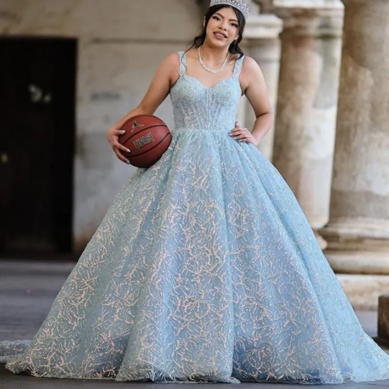 

Shiny Blue Quinceanera Dresses Off the Shoulder Sequin Decal Long tail Bow Vestido De 15 Quinceanera Customize