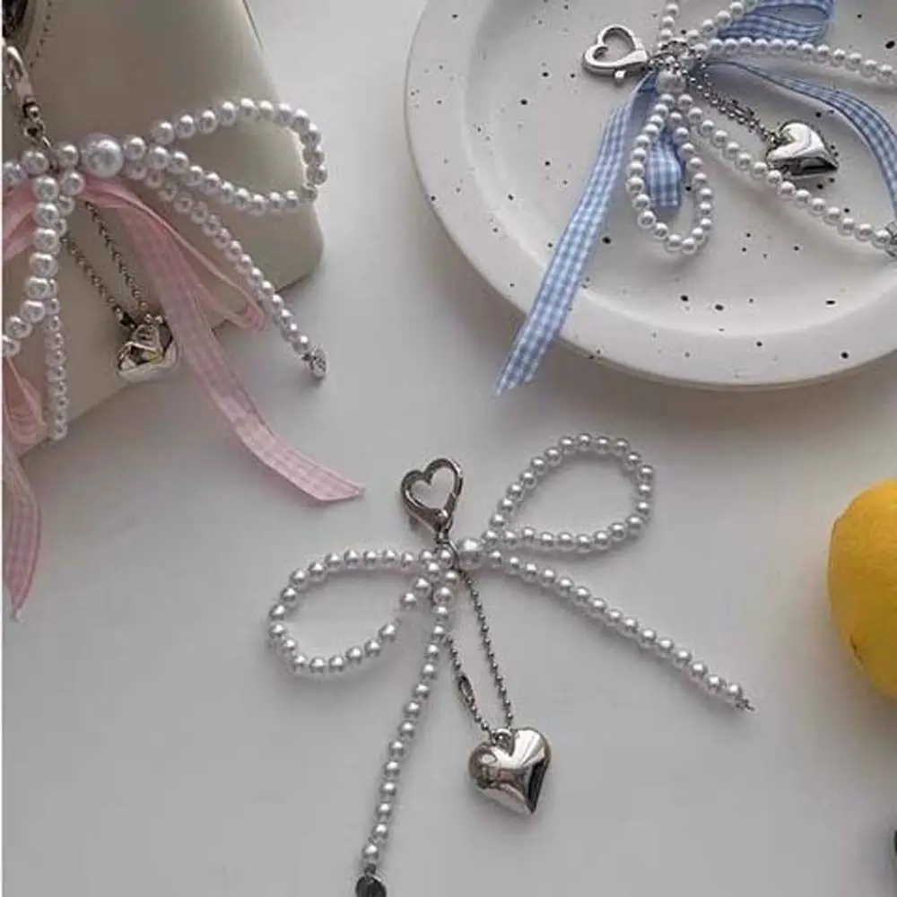 Creative Pearl Plaid Ribbon Bow Key Chain Cartoon Soft Balletcore Keychain Toys Charms Phone Pendant Birthday Gift