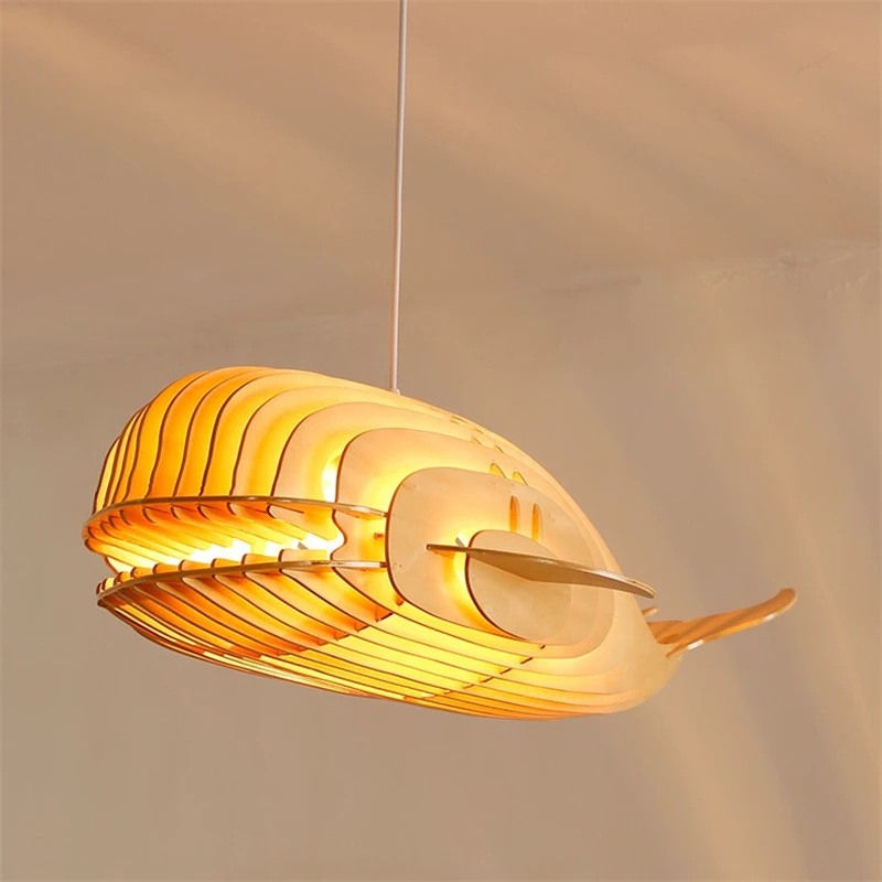 Modern Creative Whale Shaped Pendant Lights Nordic Retro Wooden Art Living Room Decor Hanging Lamps Restaurant Lighting Fixtures