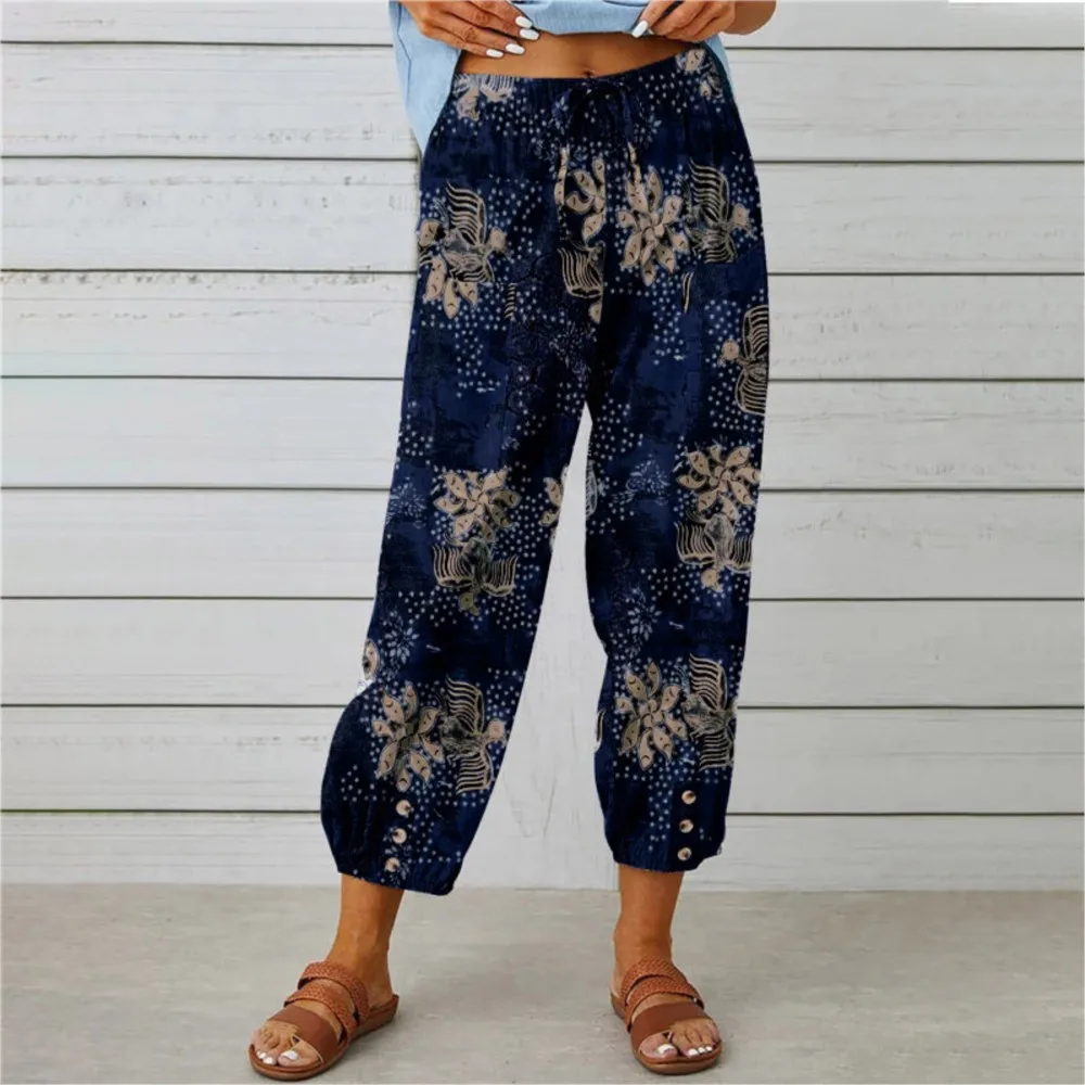Pantaloni a nove punte con coulisse a vita alta da donna in cotone e lino Cravatta in vita elastica Polsino alla caviglia Abbigliamento per la casa allentato stampato retrò