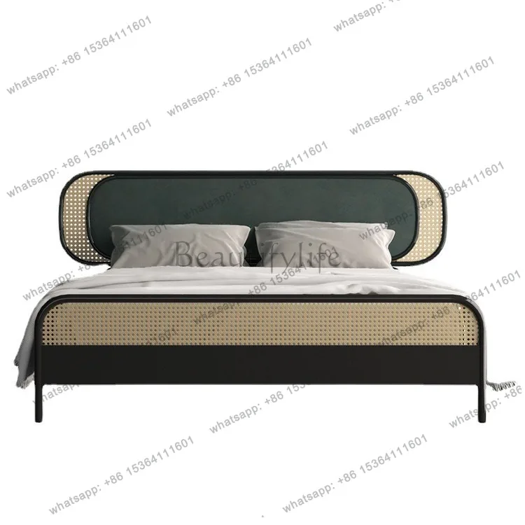 

Nordic solid wood rattan bed Japanese creative master bedroom 1.8 meters double bed retro