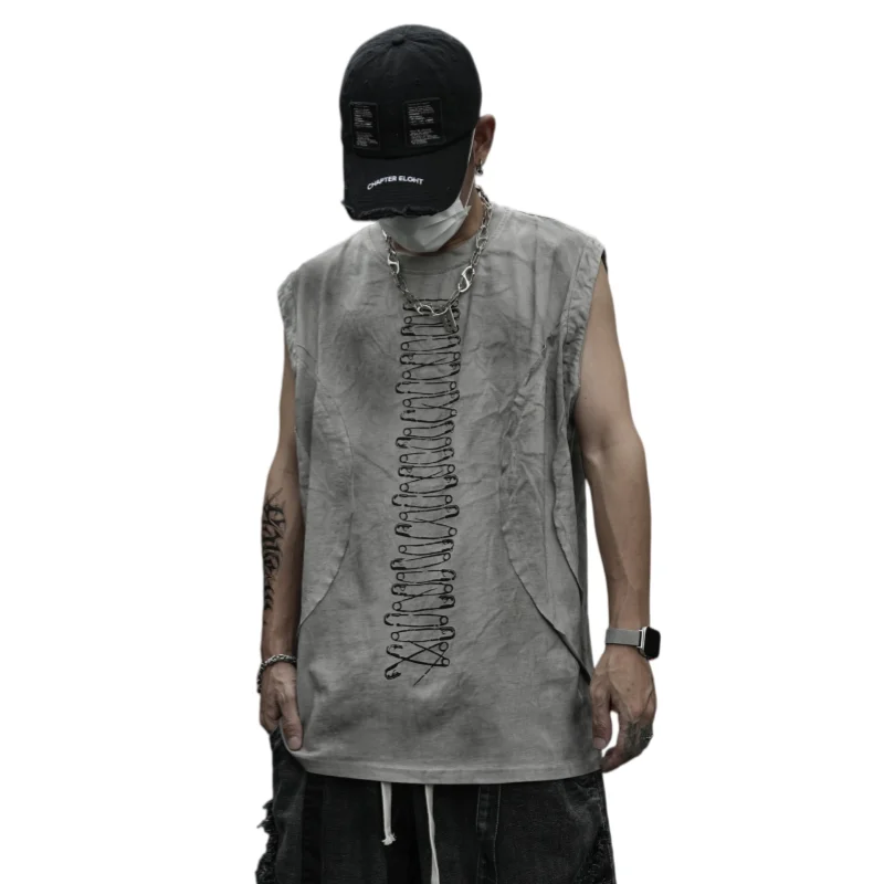 2026 American Tie Dye Distressed Gray Cotton Sleeveless Tank Top Patch Raw Edge Print Design High Street Casual Vest For Women