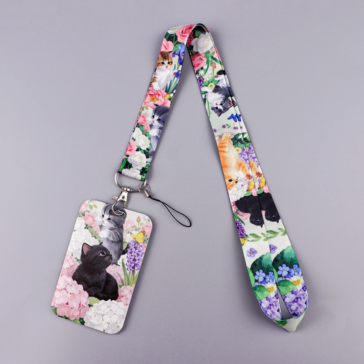 Flower Black Cat Credential Holder Cute Lanyards for Key Neck Strap For Card Badge Gym Keychain Keyring Accessories Gifts