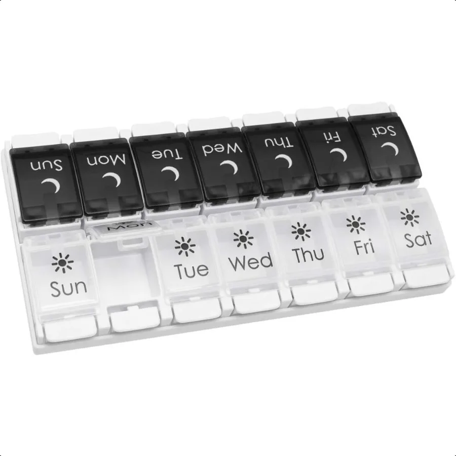

EZY DOSE Push Button 7Day Pill Case Medicine Planner Vitamin Organizer 2 Times a Day AM PM Removable Trays Large Compartments A