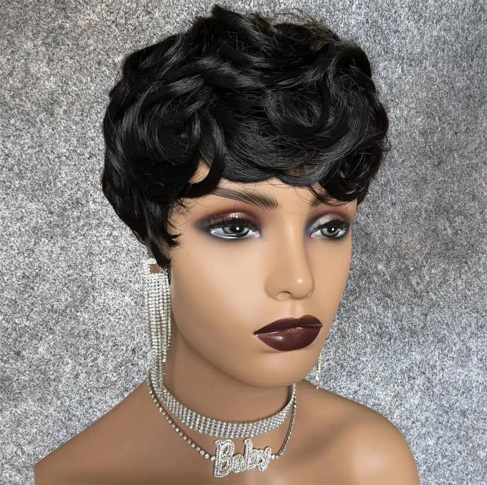 Short Pixie Wigs for Black Women Short Black Curly Pixie Wigs Synthetic Hair Wigs for Black Women Natural Wavy Black Pixie Cut W