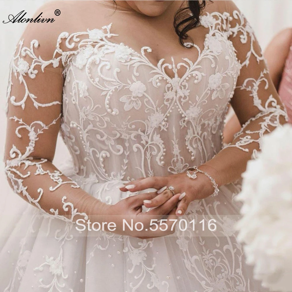 Alonlivn PLUS SIZE of A Line Wedding Dress With Elegant Symmetrical Lace Of Full Sleeve