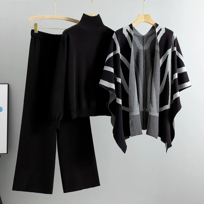 

Three Piece Sets Women Pant Set Cape Cloak Y2k Cardigan Elegant Turtleneck Sweaters Wide Leg Long Pants High Waist Streetwear