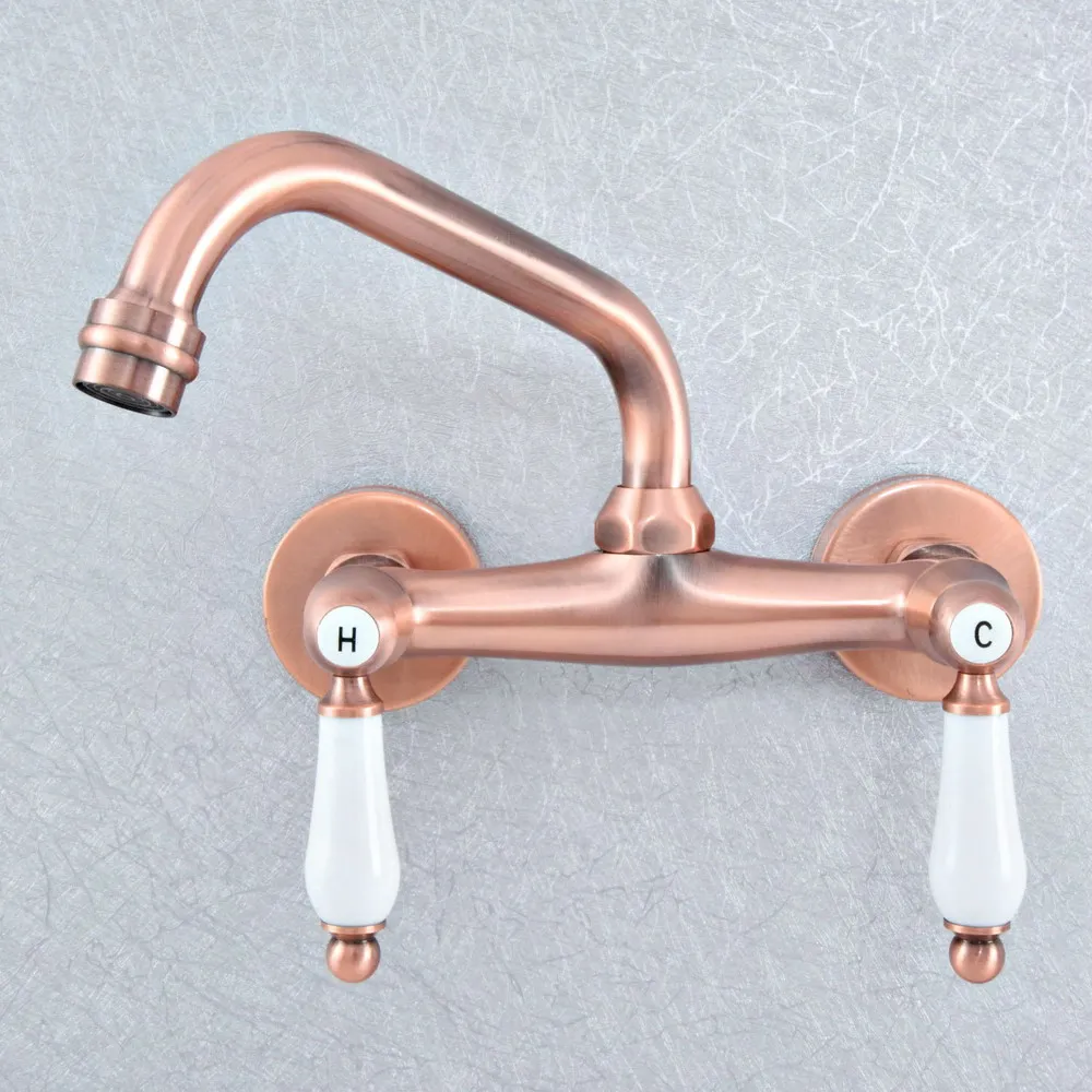 

Antique Red Copper Brass Two Ceramic Handles Wall Mounted Kitchen Bathroom Swivel Spout Faucet Mixer Tap asf900