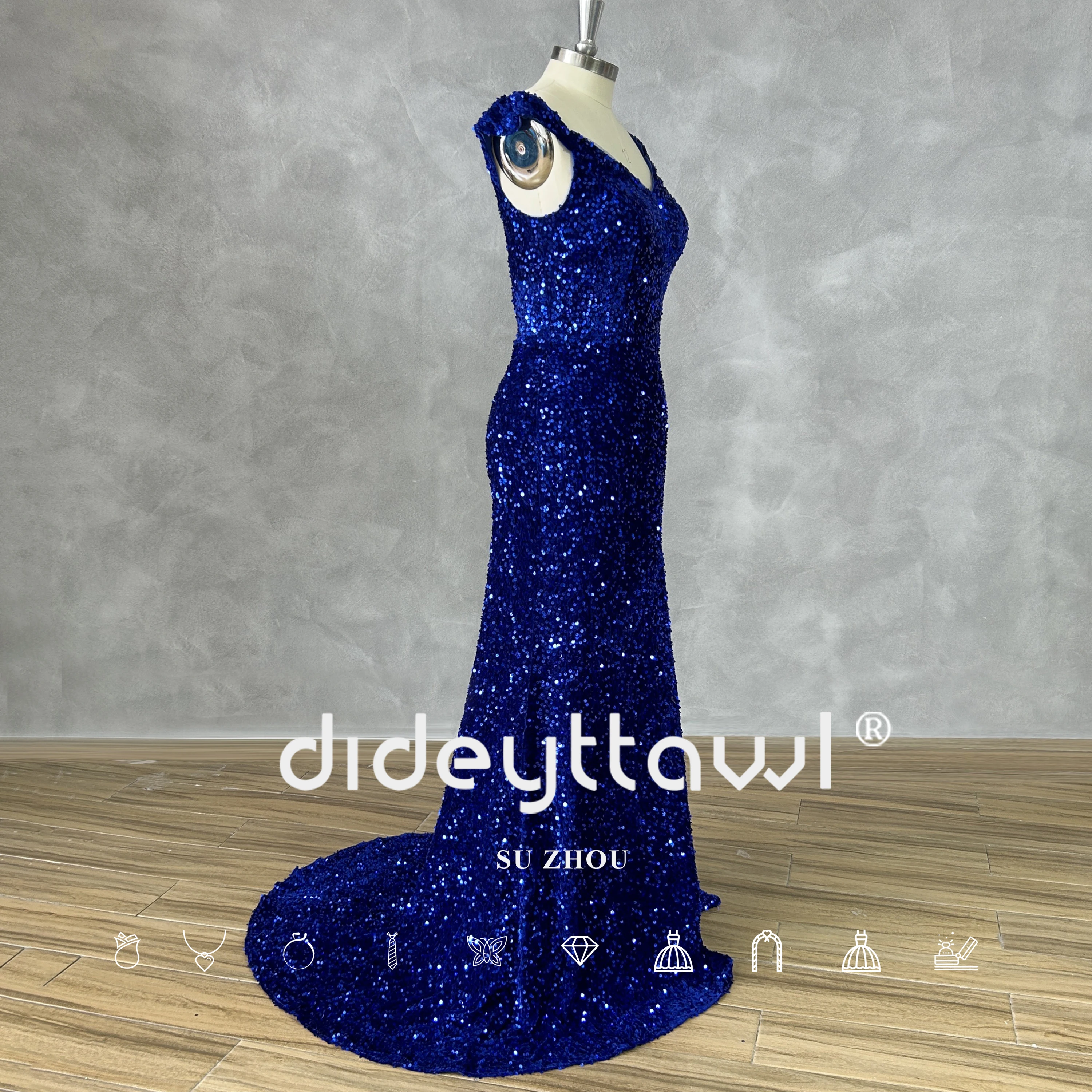 DIDEYTTAWL-vestido de noche azul Real con cuello en V y lentejuelas brillantes, vestido de sirena Sexy para graduación, abertura alta, sin mangas, con cordones