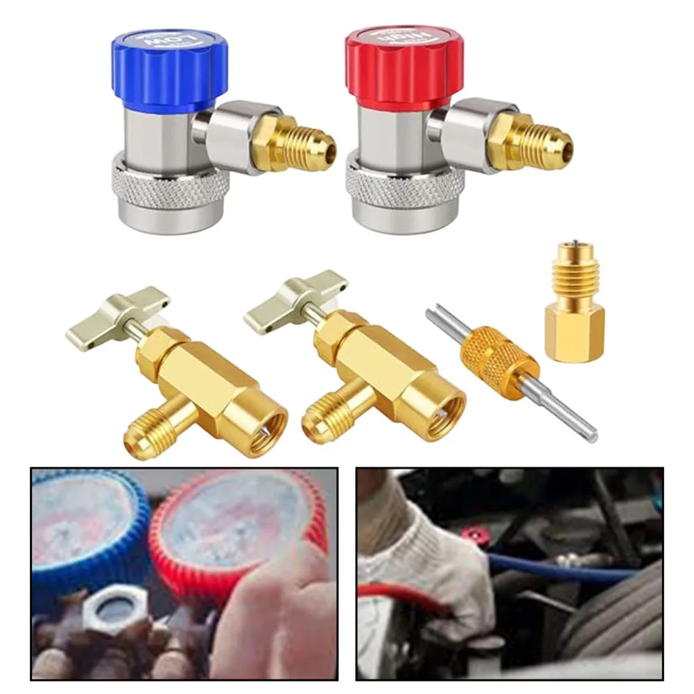 Vacuum Rated Valve Core Removal Tool Quick Connector For R134a Adapter Fittings Kit High Low Pressure Conversion