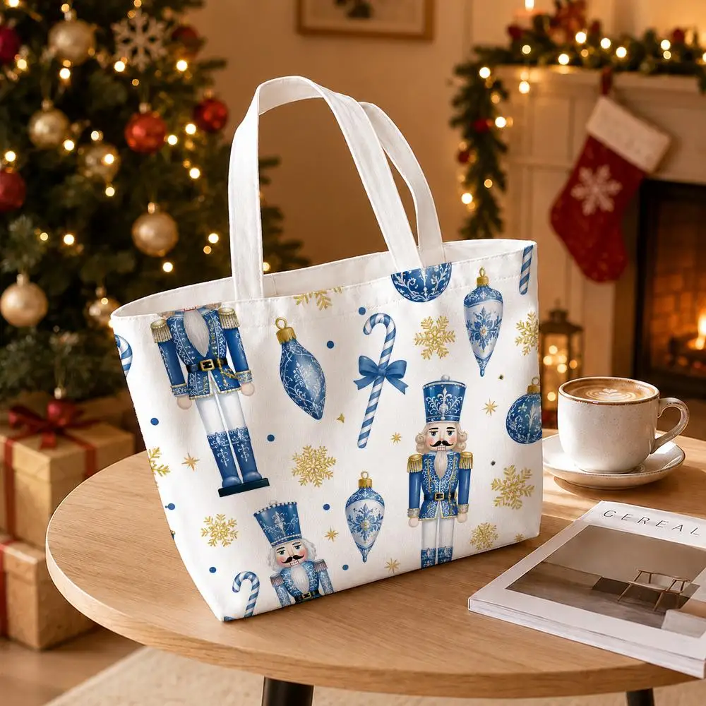 Nutcracker Christmas Snowflake Storage Bags 2PC Printed Canvas Shopping Bag Set with Zipper Pouch Foldable Tote Festival Party
