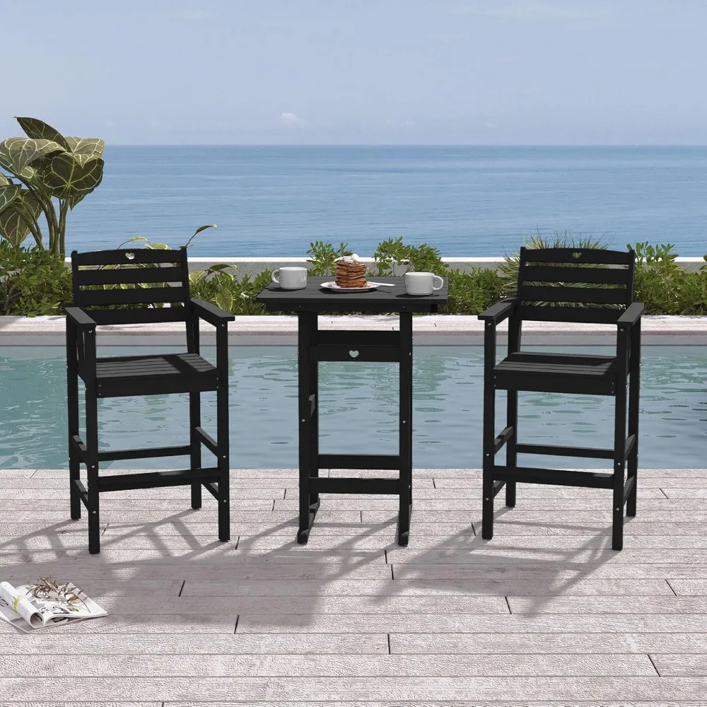 

3-Piece Bar Height Outdoor Table and Chairs Set, HDPE Wood Grain Patio Bar Table and Chairs with Heart Cutout Design, Weather-Re