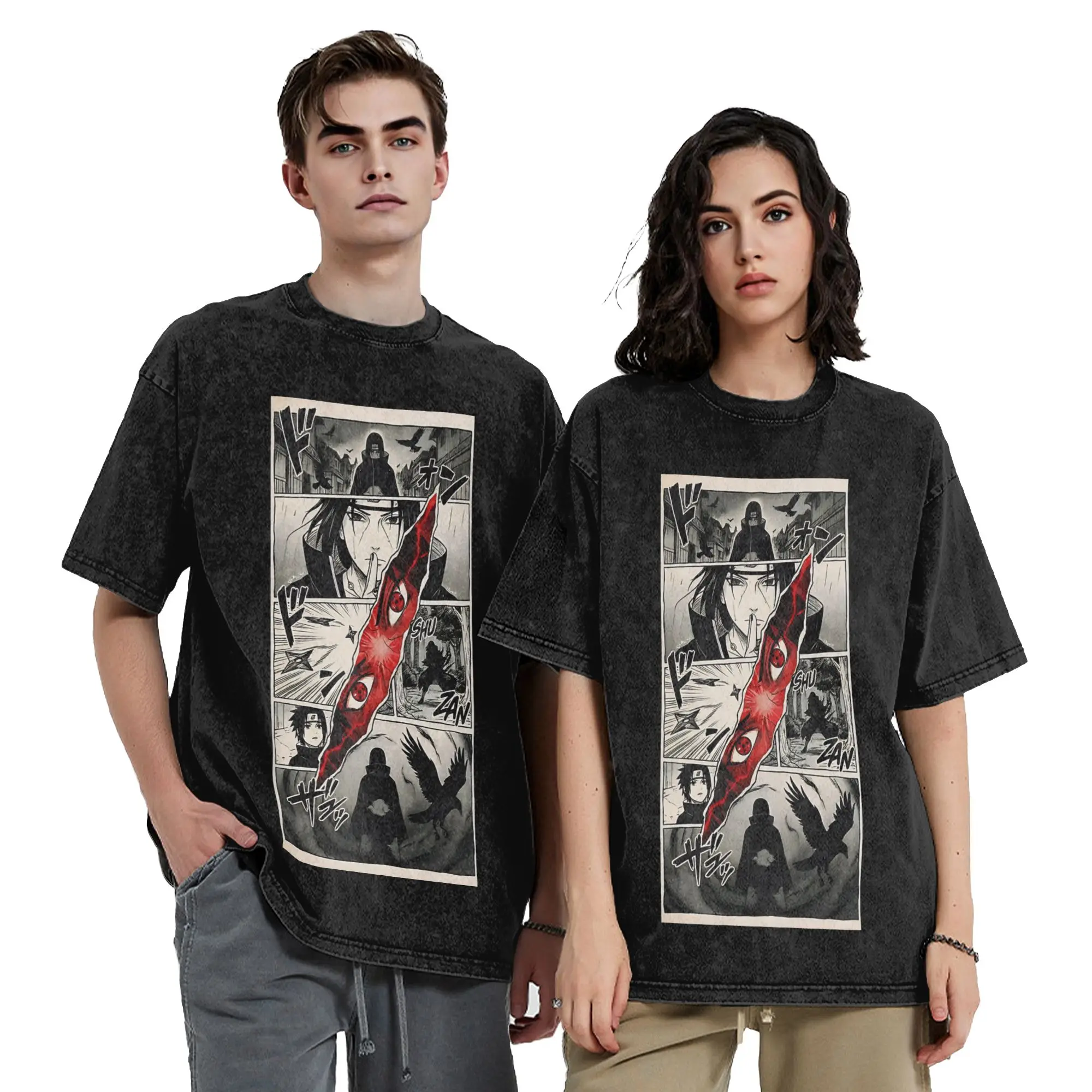 Narutoes Crimson Eye Awakening Manga Collage Art Washed T Shirts Streetwear Hip Hop T-Shirts Tees for Men Women 100% Cotton
