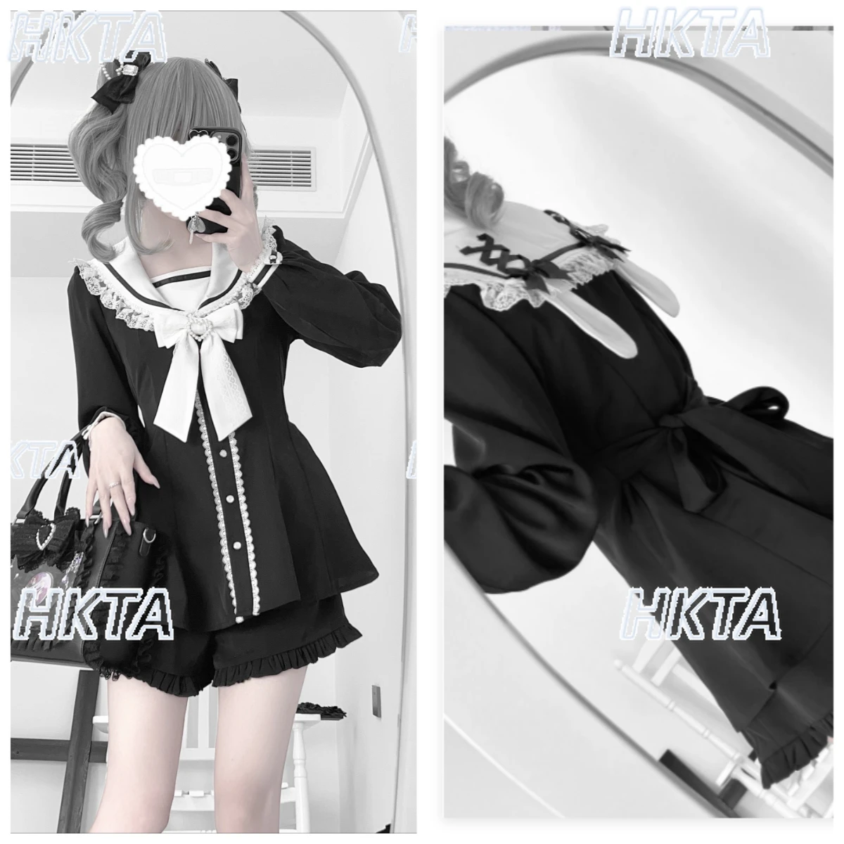 

Japanese Mass Produced Subculture Navy Collar Long Sleeve Waist Lace Bow Dress Pleated Black Shorts Lolita Two Pieces Sets Women