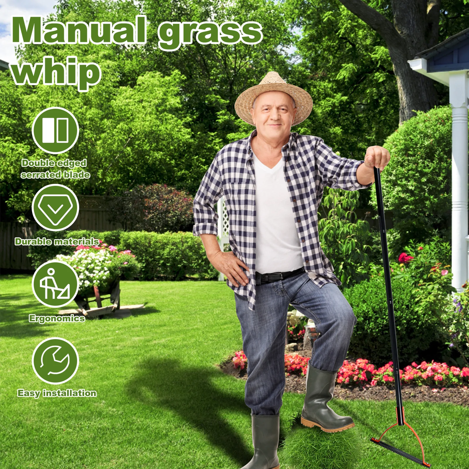 

Grass Whip with Double-Edged Serrated Steel Blade Manual Weed Grass Cutter with 30 Inch Handle Handheld Weed Whacker Grass Whip