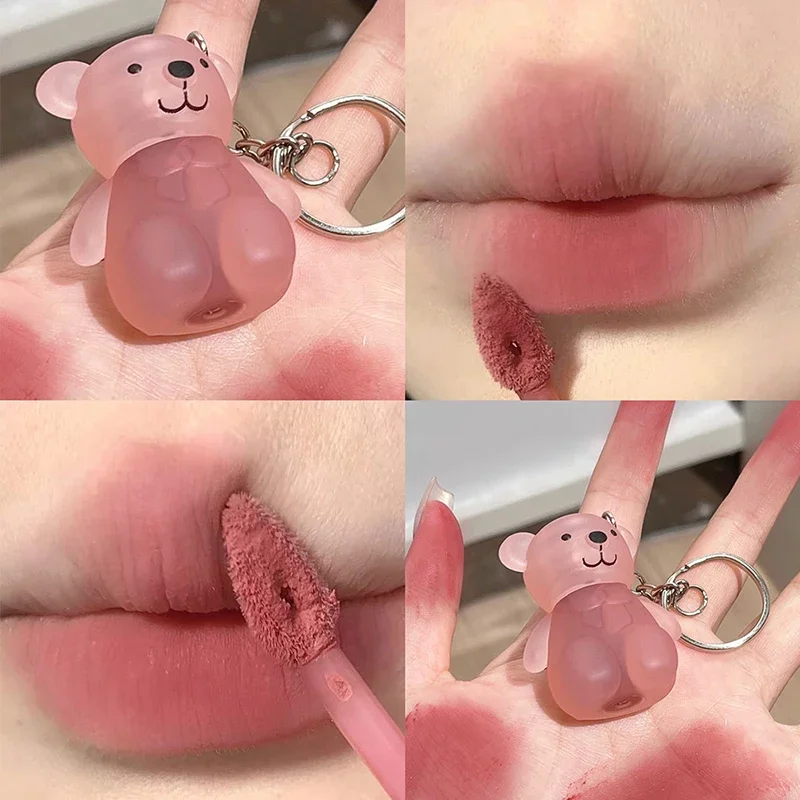 LLavero de oso lindo, lápiz labial líquido mate desnudo, resistente al agua, brillo de labios de larga duración, tinte de labios hidratante, Cosméticos Coreanos