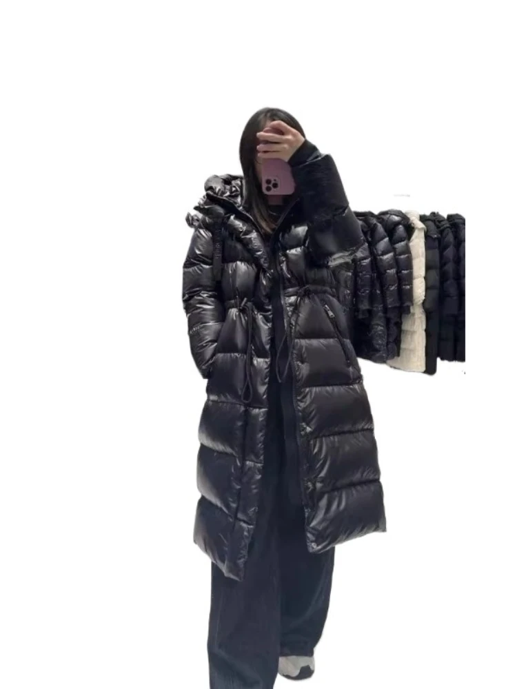 Jaqueta de penas de ganso branco com capuz feminino ultra-grosso puffer parkas 2025 novo inverno extra longo quente preto brilhante casaco fofo outwear