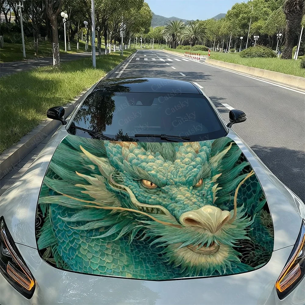 Dragon-themed car hood wrap featuring a vibrant green dragon with fierce eyes and detailed scales, perfect for unique vehicle st