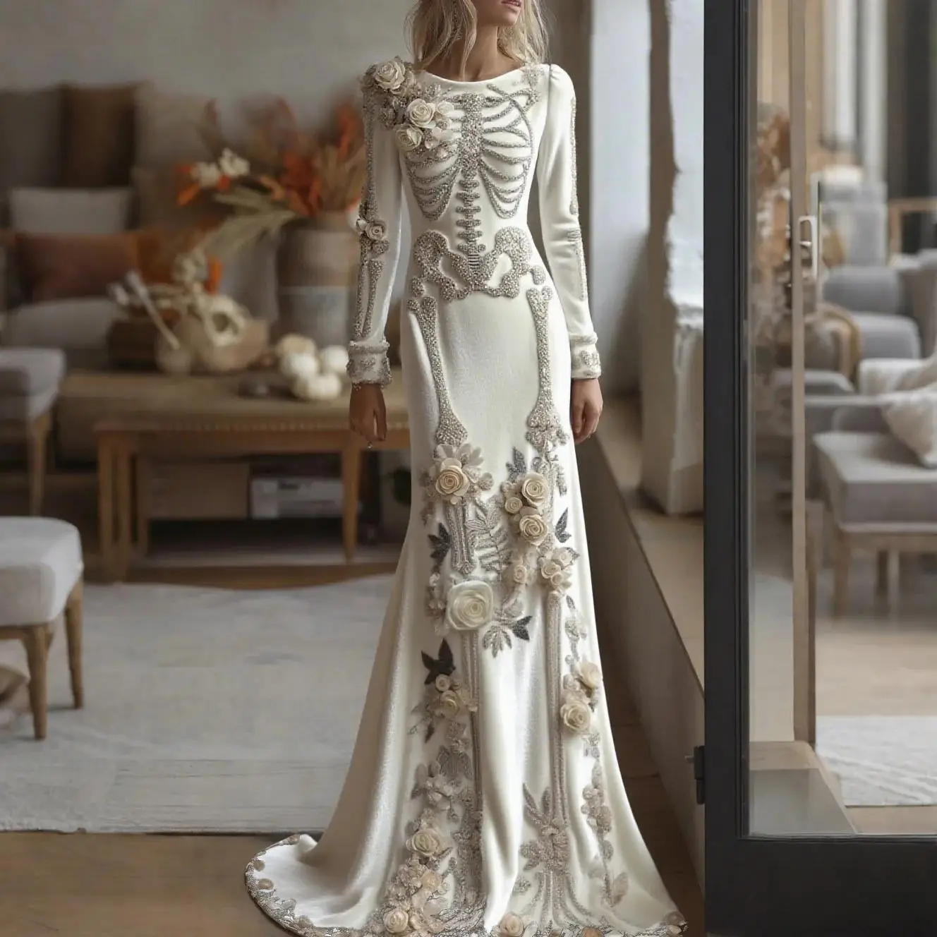 2026 New Women Skeleton Floral Mermaid Maxi Dress Elegant Celebrity Long Sleeve Gothic Halloween Evening Party Gown view 2