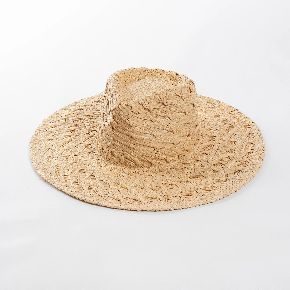 

100% Natural raffia straw fedora hat hand weaved straw hat wide brim outdoor beach summer straw hat