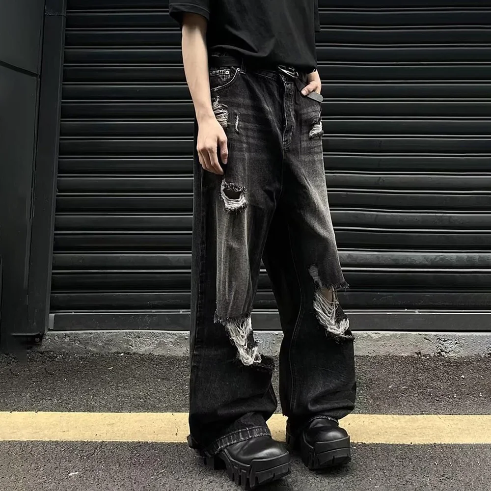 夏のメンズソリッドカラーバギージーンズリッピングアメリカンレトロファッショントレンドヒップホップハイストリートルーズカジュアルシンプルメンズボトムス