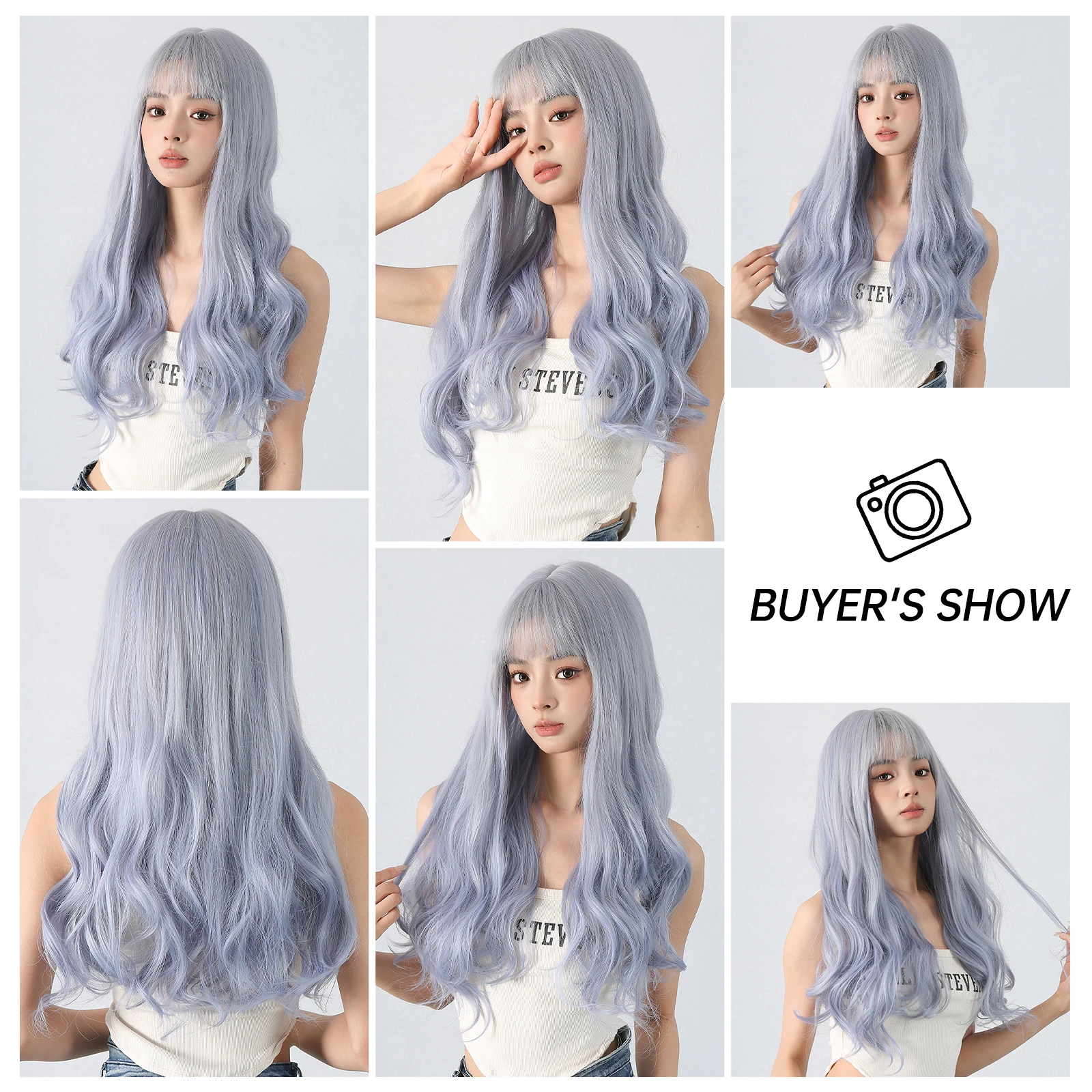 Wig sintetis berombak Cosplay biru muda untuk wanita, rambut palsu alami Lolita panjang berombak serat tahan panas untuk wanita