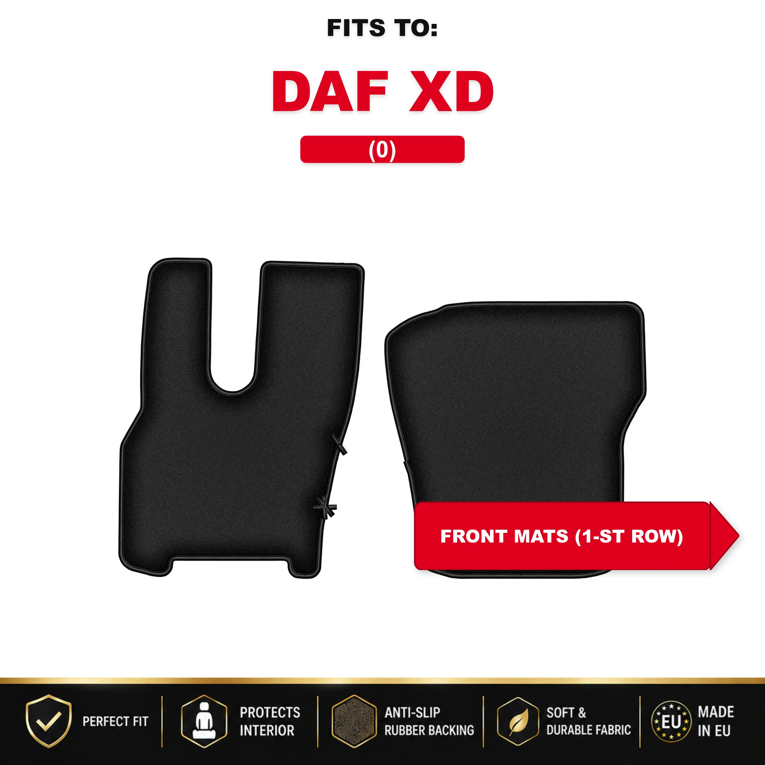 Voorste velours vloermatten, zwart, 2 stuks. Voor: DAF XD set auto vloermatten voor de voorkant van de auto