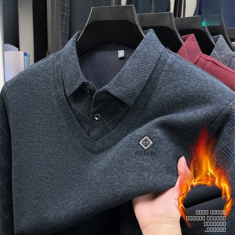 

Утепленный шерстяной вязаный свитер с воротником-стойкой, имитация двухслойности, повседневный, свободный крой, зимний, теплый, на полиэстеровой подкладке, мужской топ