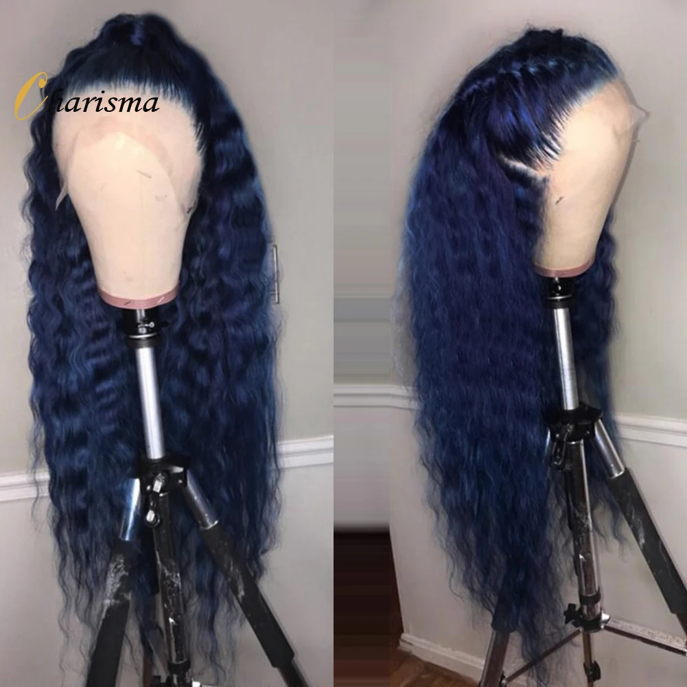 Charisma 26 Inches Long Water Wave Synthetic Lace Front Wig For Black Women Dark Blue Colored Frontal Wigs Natural Hairline Wig