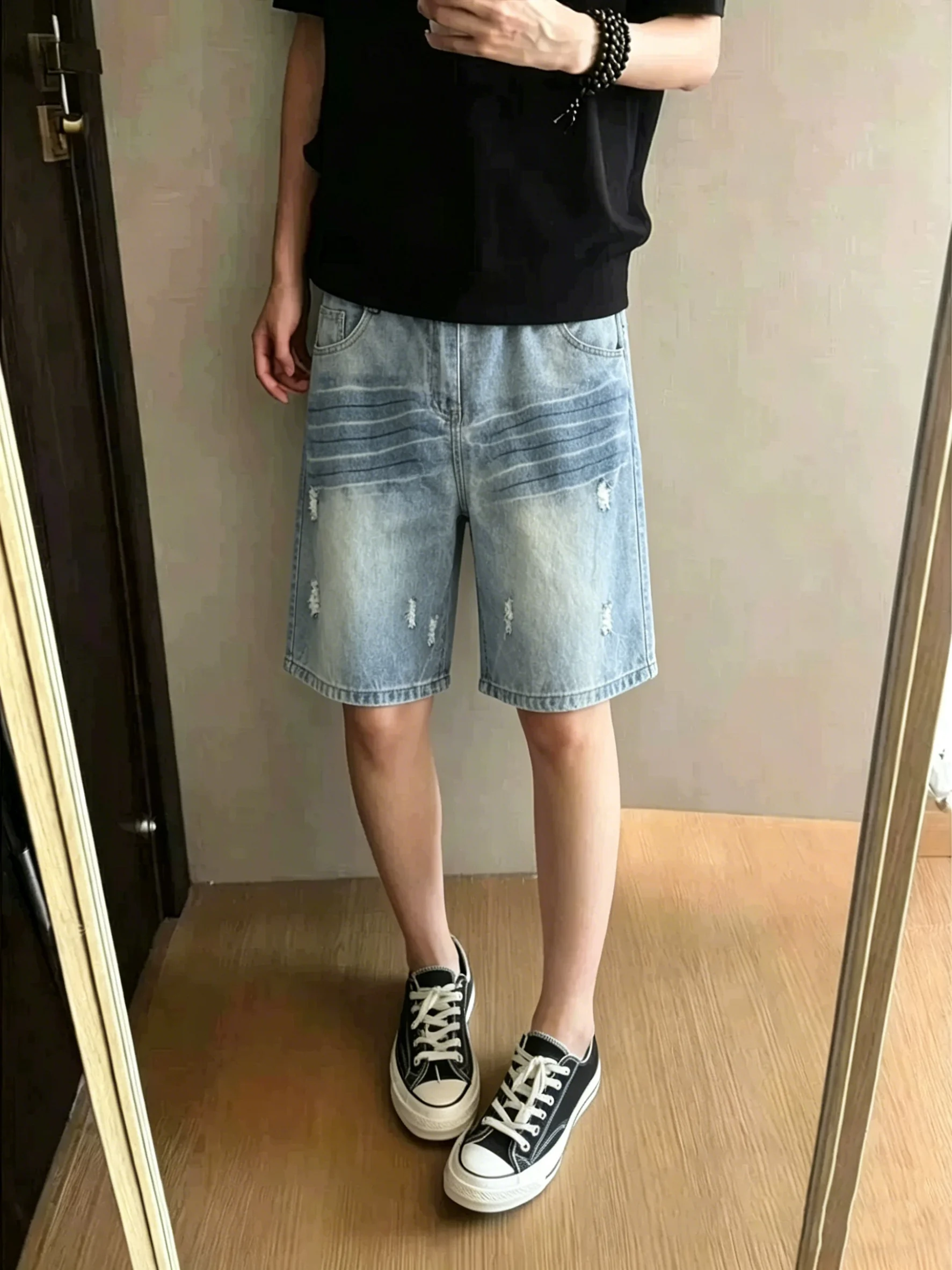 

Light Blue Thunder Pattern Ripped Denim Shorts Men's Summer Trendy Straight Leg Washed Jeans Low Waist Five-Point Middle Pants