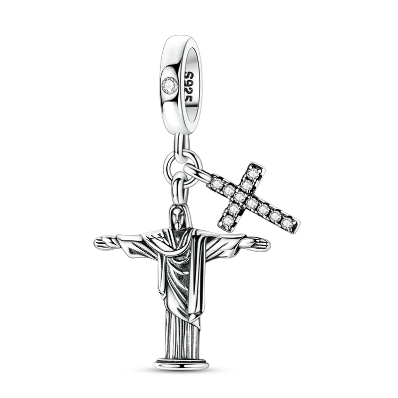 

925 Sterling Silver Travel Charms Bead CZ Zircon Christ the Redeemer Statue Dangle Fit Original Bracelet DIY Women Jewelry Gift