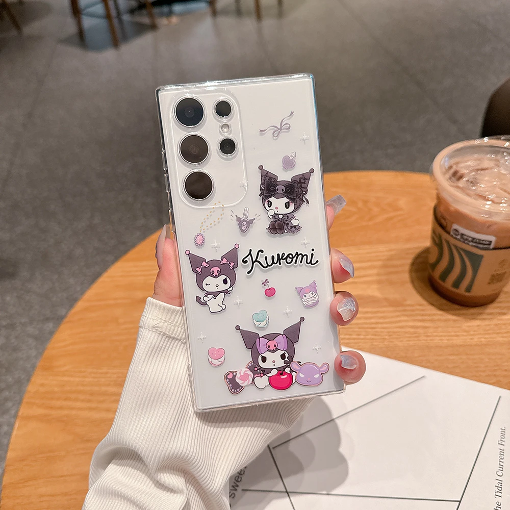 Cute Cartoon Sanrio Kuromi Cinnamoroll Pom Purin Transparent Phone Case For Samsung Galaxy S26 25 24 23 Ultra Puls Soft Cover view 4