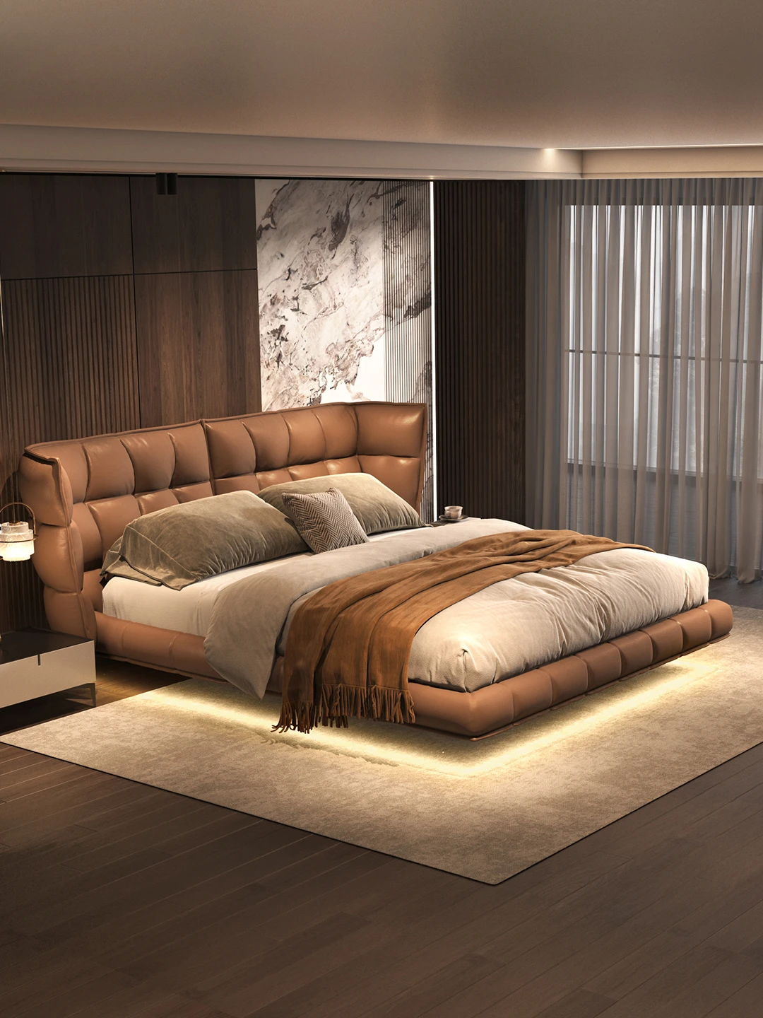 Suspended leather bed, high-end bedroom bread bed, minimalist master bedroom, upholstered muscle bed