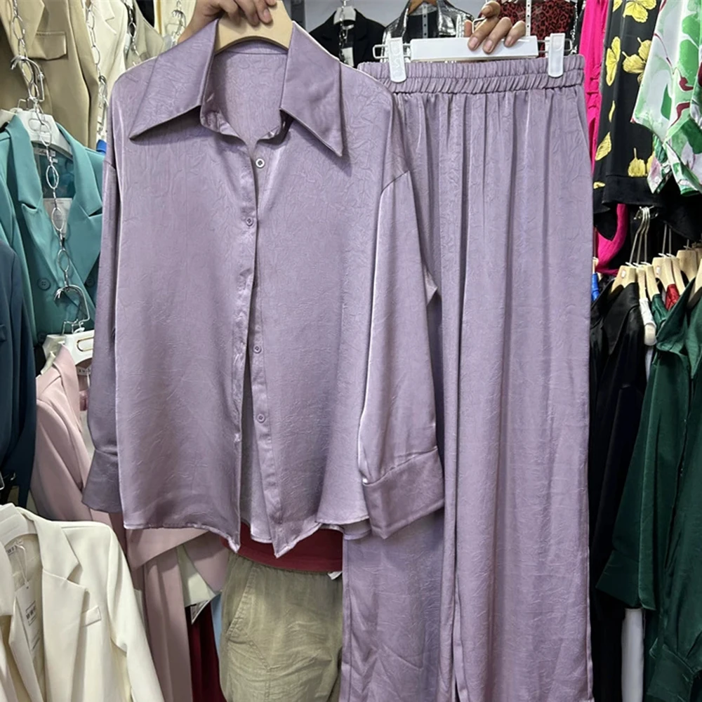 Conjunto de dos piezas de camisa holgada de satén de acetato + pantalones de pierna ancha con cintura elástica-GZTZ064